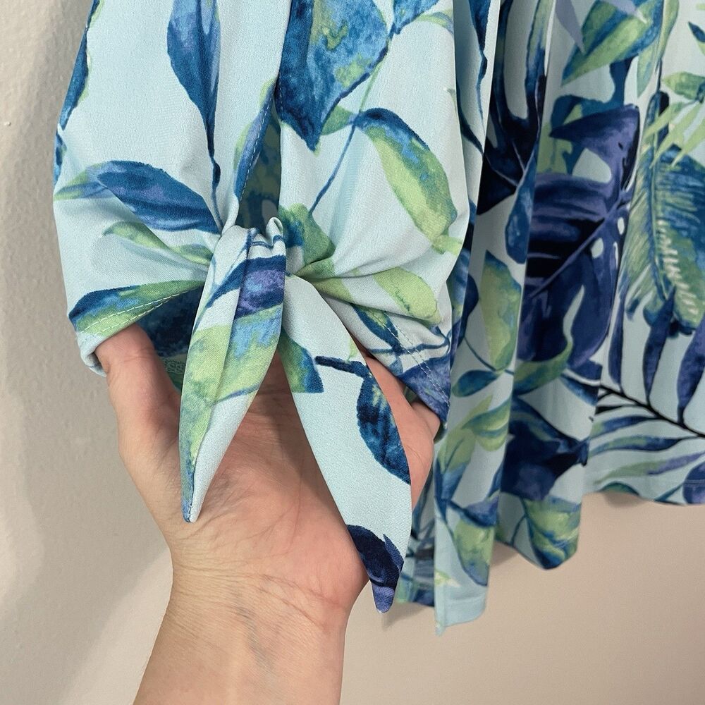 Susan Graver Liquid Knit Top XL Tropical Blue Green Tie Sleeve Office Travel - Picture 2 of 9